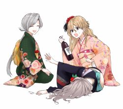 Rule 34 | 3girls, alcohol, alternate costume, bad id, bad twitter id, blonde hair, bottle, braid, brown eyes, chitose (kancolle), commentary request, drunk, flower, french braid, grey hair, hair flower, hair ornament, highres, japanese clothes, kantai collection, kimono, long hair, morinaga miki, multiple girls, pola (kancolle), red flower, wavy hair, zara (kancolle)