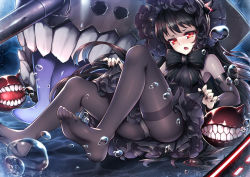 Rule 34 | 10s, 1girl, abyssal ship, black hair, chestnut mouth, dress, feet, gothic lolita, horns, isolated island oni, kantai collection, lolita fashion, long hair, no shoes, panties, panties under pantyhose, pantyhose, pantyshot, red eyes, single horn, solo, tea cake, thighband pantyhose, toes, underwear