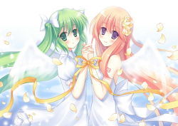Rule 34 | 2girls, angel wings, bad id, bad pixiv id, bdsm, blush, bondage, bound, bound together, bound wrists, bow, flower, flying, green eyes, green hair, hair bow, hair flower, hair ornament, hatsune miku, holding hands, long hair, megurine luka, motion blur, multiple girls, petals, pink hair, purple eyes, ribbon, rie (reverie), tattoo, twintails, very long hair, vocaloid, wind, wings, yuri