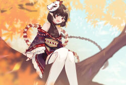 Rule 34 | 1girl, arm support, autumn leaves, blunt bangs, brown hair, day, fang, fingerless gloves, fox mask, frilled kimono, frilled sleeves, frills, gloves, halterneck, highres, in tree, japanese clothes, jewelry, kimono, kotake 8, kouhaku nawa, leaf, long sleeves, looking down, maple leaf, mask, mask on head, nail polish, necklace, off shoulder, open mouth, original, pointy ears, red eyes, rope, shimenawa, short hair, sitting, sitting in tree, sky, slit pupils, smile, solo, thighhighs, tree