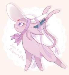 Rule 34 | animal focus, blush, bright pupils, closed mouth, creatures (company), dated, em ivy akippoi, espeon, forehead jewel, game freak, gen 2 pokemon, hat, nintendo, pokemon, pokemon (creature), purple eyes, purple hair, ribbon, sidelocks, smile, solo, standing, white pupils