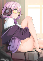 Rule 34 | 10s, 1girl, absurdres, barefoot, behind-the-head headphones, bottomless, bow, bowtie, breasts, cable, collared shirt, commentary request, copyright name, feet, food, from side, glasses, gridman universe, headphones, highres, hugging own legs, indoors, jacket, legs, long sleeves, looking over eyewear, looking over glasses, medium breasts, mouth hold, off shoulder, one eye closed, open clothes, open jacket, pink-framed eyewear, pocky, purple bow, purple bowtie, purple eyes, purple jacket, semi-rimless eyewear, shinjou akane, shirt, short hair, sitting, solo, ssss.gridman, sunglasses, tinted eyewear, toes, under-rim eyewear, white hair, yellow-tinted eyewear, yellow-tinted glasses, zuoteng lucha
