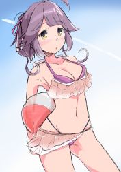 Rule 34 | 1girl, absurdres, ahoge, ball, beachball, bikini, blue sky, breasts, cleavage, commentary request, contrail, contrapposto, frilled bikini, frills, gradient sky, hair ribbon, hayanami (kancolle), highres, kantai collection, komb, medium breasts, ponytail, purple bikini, purple eyes, purple hair, ribbon, sarong, short hair, sidelocks, sky, solo, standing, swimsuit, white ribbon, yellow eyes
