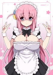 Rule 34 | alternate costume, black bow, black bowtie, blush, bocchi the rock!, bow, bowtie, breasts, cleavage, cowboy shot, cube hair ornament, double v, dress, enmaided, fanbox username, fingernails, gotoh hitori, gradient background, hair between eyes, hair ornament, large breasts, long hair, maid, maid headdress, pink background, pink nails, pink tail, puffy short sleeves, puffy sleeves, shaded face, short dress, short sleeves, side ahoge, v, very long hair, virus-g, white background