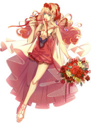Rule 34 | 1girl, bad id, bad pixiv id, blonde hair, blue eyes, bouquet, breasts, cleavage, dress, earrings, flower, jewelry, katsu ryouji, long hair, macross, macross frontier, medium breasts, mouth hold, ribbon, ribbon in mouth, sheryl nome, single earring, single thighhigh, smile, solo, thighhighs