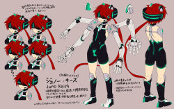 Rule 34 | 1girl, amputee, character sheet, cyborg, detached arm, extra arms, female focus, mitake eil, original, prosthesis, rattail, robot ears, short hair with long locks, solo, standing, visor