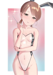 Rule 34 | 1girl, alternate costume, blush, breasts, brown eyes, brown hair, commentary request, highres, holding, ice pick, kantai collection, leotard, looking at viewer, low twintails, meme attire, parted lips, playboy bunny, sakieko, see-through, see-through leotard, shirayuki (kancolle), short twintails, simple background, small breasts, solo, sparkle, translucent bunnysuit, twintails