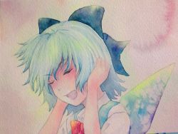 Rule 34 | 1girl, blue eyes, blue hair, bow, bowtie, cirno, closed eyes, covering own ears, eyelashes, hair bow, hand on own ear, hand on own ear, ice, ice wings, matching hair/eyes, open mouth, painting (medium), red bow, red bowtie, short hair, solo, touhou, traditional media, watercolor (medium), wings, yuyu (00365676)