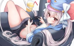 Rule 34 | 1girl, animal ears, artist request, black shorts, blue hat, blue jacket, cellphone, chair, commission, crop top, cropped jacket, cup, denim, denim shorts, drinking glass, dungeon and fighter, genshin impact, hat, highres, holding, holding phone, holding with tail, jacket, lifeff, long hair, long sleeves, looking at viewer, looking back, lying, micro shorts, midriff, mouse ears, mouse girl, mouse tail, navel, on back, open clothes, open fly, open jacket, phone, prehensile tail, red eyes, second-party source, shirt, short shorts, shorts, smartphone, solo, stomach, tail, thighs, twintails, very long hair, white hair, white shirt