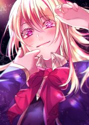 Rule 34 | 1girl, black vest, blonde hair, blue jacket, blush, bow, bowtie, chromatic aberration, closed mouth, collared shirt, commentary, dress shirt, film grain, hair between eyes, hand up, hoshino ruby, jacket, light particles, long hair, long sleeves, looking at viewer, mady (madine08260), mismatched pupils, open clothes, open jacket, oshi no ko, pink bow, pink bowtie, pink eyes, school uniform, shirt, sidelocks, smile, solo, star-shaped pupils, star (symbol), symbol-shaped pupils, upper body, vest, white shirt, youtou high school uniform