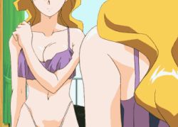 Rule 34 | 1girl, animated, animated gif, blonde hair, breasts squeezed together, breasts, christine garland, cleavage, collarbone, highleg, highleg panties, large breasts, long hair, lowres, navel, nipples, panties, solo, super real mahjong, tanaka ryou, underwear, undressing, upper body, wavy hair