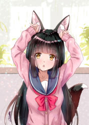 Rule 34 | 1girl, alternate costume, animal ears, arms up, azur lane, black hair, blunt bangs, blurry, cardigan, collarbone, commentary request, contemporary, depth of field, fox ears, fox girl, fox tail, long hair, looking at viewer, m ko (maxft2), nagato (azur lane), parted lips, school uniform, serafuku, sidelocks, signature, solo, tail, yellow eyes
