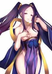 Rule 34 | 1girl, breasts, fate/grand order, fate (series), hair censor, japanese clothes, kameponde, kimono, long hair, looking at viewer, open mouth, pelvic curtain, purple eyes, purple hair, skindentation, small breasts, smile, solo, twintails, very long hair, white background, wu zetian (fate), wu zetian (first ascension) (fate)