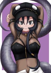 Rule 34 | 1girl, adansosutega, armband, arms behind head, arms up, black eyes, black hair, black hat, black mamba (kemono friends), bodystocking, breasts, choker, cleavage, closed mouth, crop top, hair between eyes, hat, highres, kemono friends, long hair, long sleeves, looking at viewer, medium breasts, navel, official alternate costume, see-through, side ponytail, smile, snake tail, solo, stomach, tail, upper body, very long hair, zipper, zipper pull tab