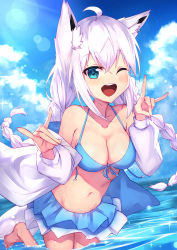 Rule 34 | 1girl, ;d, absurdres, ahoge, animal ear fluff, animal ears, bare shoulders, bikini, bikini skirt, blue bikini, blue eyes, blue sky, blush, braid, breasts, cleavage, cloud, cloudy sky, collarbone, commentary, day, double fox shadow puppet, ear piercing, fox ears, fox girl, fox shadow puppet, fox tail, front-tie bikini top, front-tie top, hair between eyes, halterneck, highres, hololive, horizon, jacket, long hair, low twintails, masaki (msk064), medium breasts, navel, ocean, off shoulder, one eye closed, open clothes, open jacket, open mouth, outdoors, piercing, round teeth, shirakami fubuki, shirakami fubuki (hololive summer 2019), sky, smile, solo, standing, standing on one leg, swimsuit, tail, teeth, twin braids, twintails, upper teeth only, very long hair, virtual youtuber, water, white hair, white jacket