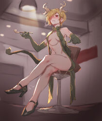 Rule 34 | 1girl, alternate costume, antlers, areola slip, armpits, blonde hair, blush, bottomless, breasts, breasts apart, covered erect nipples, crossed legs, dragon girl, dragon tail, ear piercing, elbow gloves, exhibitionism, gloves, gold trim, green footwear, green gloves, green scales, hair over one eye, high heels, highres, holding, holding smoking pipe, horns, kicchou yachie, kiseru, looking at viewer, medium breasts, mole, mole under eye, navel, navel piercing, piercing, public indecency, pussy juice, red eyes, revealing clothes, scales, senmura, shoes, short hair, sitting, sleeveless, small breasts, smoking pipe, solo, sweat, tail, thighs, touhou
