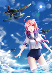 Rule 34 | 1girl, absurdres, ahoge, aichi m6a seiran, aircraft, airplane, blue one-piece swimsuit, blue sailor collar, blue sky, blurry, blurry background, breasts, cloud, cloudy sky, day, eyeshadow, fingernails, gluteal fold, groin, hair ornament, highres, i-58 (kancolle), kantai collection, lens flare, lipgloss, long fingernails, makeup, medium breasts, nail polish, necktie, new school swimsuit, one-piece swimsuit, open mouth, parasite aircraft, pink eyes, pink hair, pink nails, red neckwear, round teeth, sailor collar, school swimsuit, seaplane, seiya (iiseven), shirt, short hair, short hair with long locks, short sleeves, sidelocks, signature, sky, sun, swimsuit, swimsuit under clothes, teeth, thighs, wading, water, white shirt