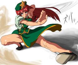 Rule 34 | 1girl, bad id, bad pixiv id, braid, china dress, chinese clothes, dress, female focus, fighting stance, hat, hong meiling, lanoir (pixiv), long hair, red hair, solo, stance, star (symbol), touhou, twin braids
