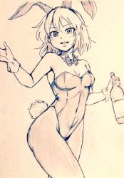 Rule 34 | 1girl, animal ears, bottle, bow, bowtie, breasts, cleavage, covered navel, cowboy shot, d-m (dii emu), detached collar, eyelashes, fake animal ears, fake tail, holding, holding bottle, kazami yuuka, leotard, medium breasts, open mouth, pantyhose, playboy bunny, rabbit ears, rabbit tail, short hair, strapless, strapless leotard, tail, touhou, wrist cuffs