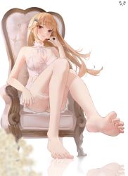 Rule 34 | 1girl, :3, absurdres, bad id, bad twitter id, bare arms, bare shoulders, barefoot, blonde hair, blush, breasts, chair, cleavage, closed mouth, foreshortening, full body, hair ornament, highres, large breasts, lingerie, long hair, looking at viewer, original, po ppe, red eyes, sitting, smile, soles, solo, thigh strap, thighs, toes, underwear