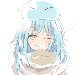 Rule 34 | 1other, blue hair, blush, commentary request, fang, grin, highres, long hair, looking at viewer, mito (go!go!king!), on head, one eye closed, rimuru tempest, shirt, signature, simple background, slime (creature), smile, tensei shitara slime datta ken, upper body, white background, white shirt, yellow eyes