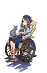 Rule 34 | 1girl, black cat, blue bow, blue dress, blue hat, book, bow, brown eyes, brown hair, cat, dress, full body, hat, highres, long hair, looking at viewer, official art, pocket watch, princess principal, princess principal game of mission, shirley collins, shoes, sitting, solo, transparent background, watch, wheelchair, white footwear