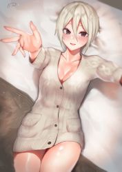 Rule 34 | 1girl, absurdres, blush, breasts, buttons, cleavage, collarbone, grey eyes, grey hair, hair between eyes, highres, hip focus, idolmaster, idolmaster cinderella girls, long sleeves, looking at viewer, lying, medium breasts, on back, open mouth, outstretched arms, parted bangs, reaching, reaching towards viewer, sakiryo kanna, shiomi syuko, short hair, smile, solo, sweater, thighs, white sweater
