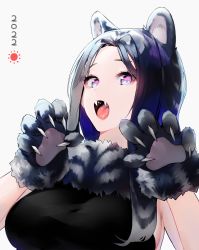 Rule 34 | 1girl, 2022, absurdres, animal ear fluff, animal ears, animal hands, armpit crease, black hair, blue eyes, blue eyeshadow, blue hair, bumcha, chinese zodiac, claw pose, claws, eyes visible through hair, eyeshadow, fangs, fur-trimmed gloves, fur trim, gloves, grey background, grey hair, highres, hussar (last origin), last origin, long hair, looking at viewer, makeup, multicolored eyes, multicolored hair, open mouth, pink eyes, simple background, solo, tiger ears, tiger paws, tongue, upper body, year of the tiger