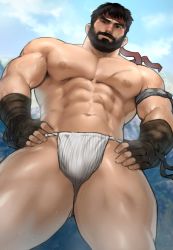 Rule 34 | 1boy, abs, bara, beard, black hair, blush, bulge, crotch, dopey (dopq), facial hair, forest, from below, fundoshi, gauntlets, headband, highres, japanese clothes, large pectorals, looking at viewer, male focus, male underwear, manly, mature male, muscular, muscular male, nature, paid reward available, pectorals, ryu (street fighter), scar, smile, solo, street fighter, thick thighs, thighs, topless male, underwear, veins