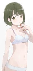Rule 34 | 1girl, bra, breasts, cellphone, gradient background, green eyes, green hair, grey background, highres, hiroki (yyqw7151), holding, holding phone, idolmaster, idolmaster shiny colors, looking at viewer, nanakusa nichika, navel, panties, parted lips, phone, short hair, small breasts, solo, stomach, underwear, underwear only, white bra, white panties