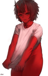 Rule 34 | 1girl, bad id, bad twitter id, brown eyes, brown hair, clothes pull, colored skin, cowboy shot, horns, kidouko (zakusi), looking at viewer, naked shirt, oni, oni horns, original, parted lips, red oni, red skin, shirt, shirt pull, short sleeves, signature, simple background, smile, solo, standing, white background, white shirt, zakusi