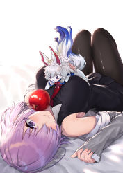 Rule 34 | 1girl, absurdres, apple, ayul (ayulneri 92), bare shoulders, bed sheet, between breasts, black dress, black pantyhose, breasts, closed mouth, commentary request, creature, dress, fate/grand order, fate (series), food, fou (fate), from behind, fruit, grey jacket, hair over one eye, highres, jacket, knees up, large breasts, long sleeves, looking at viewer, looking back, lying, mash kyrielight, necktie, off shoulder, on back, open clothes, open jacket, pantyhose, pink hair, purple eyes, red neckwear, short hair, sleeves past wrists, smile, thigh gap