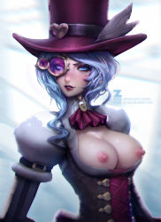 Rule 34 | 1girl, blue eyes, blue hair, breasts, breasts out, gradient background, hat, highres, long hair, looking at viewer, matching hair/eyes, nipples, parted lips, solo, steampunk, zeronis