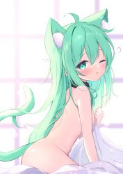 Rule 34 | 1girl, ;o, ahoge, animal ear fluff, animal ears, bed sheet, black collar, blurry, blurry background, blush, breasts, cat ears, cat girl, cat tail, collar, depth of field, fang, green hair, hair between eyes, hand up, highres, long hair, looking at viewer, mikaze oto, nude, one eye closed, original, parted lips, sleepy, small breasts, solo, tail, tail raised, very long hair, waking up, window