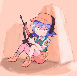 Rule 34 | 1girl, assault rifle, blue hair, brown footwear, brown shorts, cigarette, cirno, cirno (cookie), commentary, cookie (touhou), english commentary, fallout (series), fallout: new vegas, full body, green vest, gun, headset, holding, holding gun, holding weapon, mukenkairou, ncr, necktie, open mouth, red necktie, rifle, rock, shirt, shoes, short hair, short sleeves, shorts, sitting, socks, solo, taking cover, touhou, vest, weapon, white eyes, white shirt, white socks