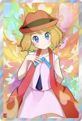 Rule 34 | 1girl, bare arms, blonde hair, blue eyes, blue ribbon, blush, border, closed mouth, collarbone, commentary request, creatures (company), dress, eyelashes, game freak, hand up, hat, highres, looking at viewer, medium hair, mentarakooo, neck ribbon, nintendo, pink dress, pokemon, pokemon (anime), pokemon xy (anime), red hat, ribbon, serena (pokemon), smile, solo