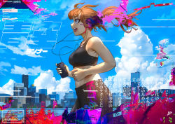Rule 34 | 1girl, aurahack, black bra, blue eyes, blue sky, bra, breasts, brown hair, cable, cellphone, commentary, day, english commentary, exercising, from side, glitch, listening to music, long hair, medium breasts, midriff, open mouth, original, pants, phone, ponytail, running, sideways mouth, sky, smartphone, solo, sports bra, toned, track pants, translation request, underwear