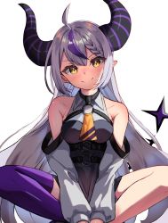 Rule 34 | 1girl, ahoge, ayataka (milk9tomo), bare shoulders, black horns, blush, braid, closed mouth, collarbone, detached sleeves, highres, hololive, horns, indian style, la+ darknesss, legs, long hair, looking at viewer, multicolored hair, pointy ears, purple hair, purple thighhighs, silver hair, single thighhigh, sitting, slit pupils, smile, solo, streaked hair, striped, striped horns, tail, thighhighs, very long hair, virtual youtuber, yellow eyes