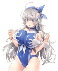 Rule 34 | 1boy, 1girl, 1other, ahoge, blue one-piece swimsuit, blush, bracelet, grabbing another&#039;s breast, breasts, commentary request, competition swimsuit, covered navel, deep skin, embarrassed, flower, gloves, gluteal fold, grabbing, grabbing from behind, grey hair, groin, groping, hair flower, hair ornament, hairband, hetero, highleg, highleg swimsuit, highres, jewelry, kantai collection, large breasts, long hair, one-piece swimsuit, open mouth, sakana (flame sakana), simple background, solo focus, striped, sweat, swimsuit, vertical stripes, washington (kancolle), white background, white gloves