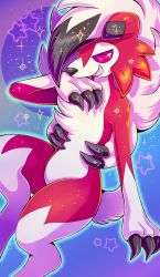 Rule 34 | absurdres, animal ears, arm up, black hair, blue background, claws, creatures (company), dog ears, flufflix, furry, game freak, gen 7 pokemon, gradient background, half-closed eyes, hand on own face, highres, lycanroc, lycanroc (midnight), multicolored hair, nintendo, pokemon, pokemon (creature), pokemon sm, red eyes, sharp teeth, simple background, smile, solo, sparkle, star (symbol), teeth, two-tone hair, white hair