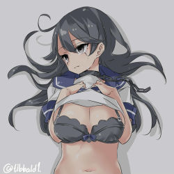 Rule 34 | 10s, 1girl, ahoge, bad id, bad twitter id, black bra, black eyes, black hair, bow, bow bra, bra, breasts, chain, cleavage, closed mouth, clothes lift, collar, ebifurya, empty eyes, eyebrows, grey background, hair between eyes, hands on own chest, highres, inactive account, kantai collection, large breasts, long hair, looking away, navel, purple bow, school uniform, serafuku, shadow, shirt lift, short sleeves, simple background, solo, stomach, tears, twitter username, underwear, upper body, ushio (kancolle)