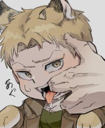 Rule 34 | 1boy, animal ears, animal feet, animal hands, blonde hair, blush, chibi, finger in another&#039;s mouth, fish hook, highres, kemonomimi mode, looking at viewer, mini person, miniboy, paradis military uniform, pov, pov hands, reiner braun, saliva, sexually suggestive, shingeki no kyojin, short hair, solo focus, sweatdrop, tail, tiger boy, tiger ears, tiger tail, tongue, tongue out, upper body, zunkome