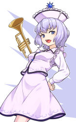 Rule 34 | 1girl, blue eyes, commentary, frilled hat, frills, hat, highres, instrument, kakone, long sleeves, looking at viewer, merlin prismriver, open mouth, pink hat, pink skirt, purple hair, short hair, skirt, solo, touhou, trumpet, white background