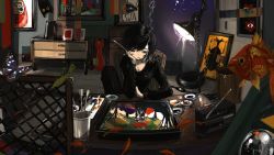 Rule 34 | 1girl, arm support, black cat, black hair, black shirt, blue butterfly, breasts, bug, butterfly, cabinet, cat, cigarette, cleavage, daruma doll, fish, goldfish, head rest, highres, holding, holding paintbrush, indoors, insect, lamp, long sleeves, looking down, mouth hold, narue, original, paintbrush, painting (action), painting (object), shirt, short hair, sitting, smoke, smoking, solo