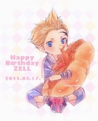 Rule 34 | 1boy, black gloves, blonde hair, blue eyes, blue shorts, character name, checkered background, chibi, dated, eating, facial tattoo, final fantasy, final fantasy viii, fingerless gloves, food, full body, full mouth, gloves, happy birthday, highres, holding, holding food, hot dog, male focus, mohawk, red footwear, ruy, short hair, short sleeves, shorts, sitting, solo, square enix, tattoo, twitter username, zell dincht