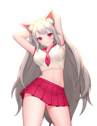 Rule 34 | 1girl, animal ear fluff, animal ears, arms behind head, arms up, bare arms, blush, breasts, closed mouth, cowboy shot, crop top, fang, fox ears, highres, large breasts, long hair, looking at viewer, midriff, miniskirt, navel, necktie, original, pleated skirt, red eyes, red necktie, red sailor collar, red skirt, sailor collar, school uniform, serafuku, shirt, short necktie, short sleeves, silver hair, simple background, siun, skirt, smile, solo, standing, stomach, thighs, very long hair, white background, white shirt