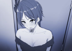 Rule 34 | 1girl, blue theme, breasts, cleavage, collarbone, condom, condom in mouth, condom wrapper, dress, earrings, hayami kanade, idol, idolmaster, idolmaster cinderella girls, jewelry, light smile, looking at viewer, monochrome, mouth hold, off-shoulder dress, off shoulder, oshou (o shou), pretty liar (idolmaster), solo, stud earrings, upper body