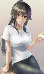 Rule 34 | 1girl, :d, black hair, blush, breasts, brown eyes, casual, denim, highres, holding, kantai collection, kokuzou, large breasts, long hair, looking at viewer, open mouth, ponytail, scrunchie, shirt, sidelocks, sitting, smile, solo, very long hair, white shirt, yahagi (kancolle)