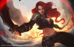 Rule 34 | 1girl, absurdres, armor, artist name, belt, black gloves, breasts, brown belt, brown pants, cleavage, closed mouth, dagger, fingerless gloves, gloves, grey eyes, highres, holding, holding weapon, joaowbenfica, katarina (league of legends), knife, large breasts, league of legends, long hair, navel, pants, red hair, scar, shoulder armor, skull ornament, smile, solo, squinting, steam, stomach, watermark, weapon, web address