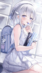 Rule 34 | 1girl, absurdres, backpack, bag, bag charm, bare arms, blue nails, blush, bob cut, book, candy wrapper, charm (object), commentary request, dress, from side, grey hat, hat, highres, holding, holding book, jewelry, licking, looking at viewer, looking to the side, medium hair, nail polish, original, print dress, purple eyes, randoseru, revision, ring, ring pop, silver hair, sitting, sleeveless, sleeveless dress, solo, tongue, tongue out, twitter username, white dress, wing hair ornament, yunmi 0527